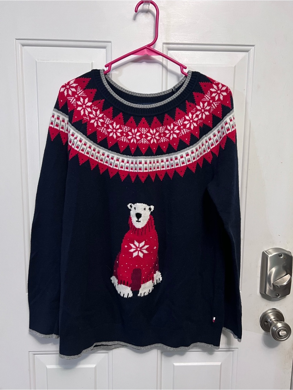 Tommy Hilfiger L Polar Bear Fair Isle Sweater Navy Red Christmas Wool Blend